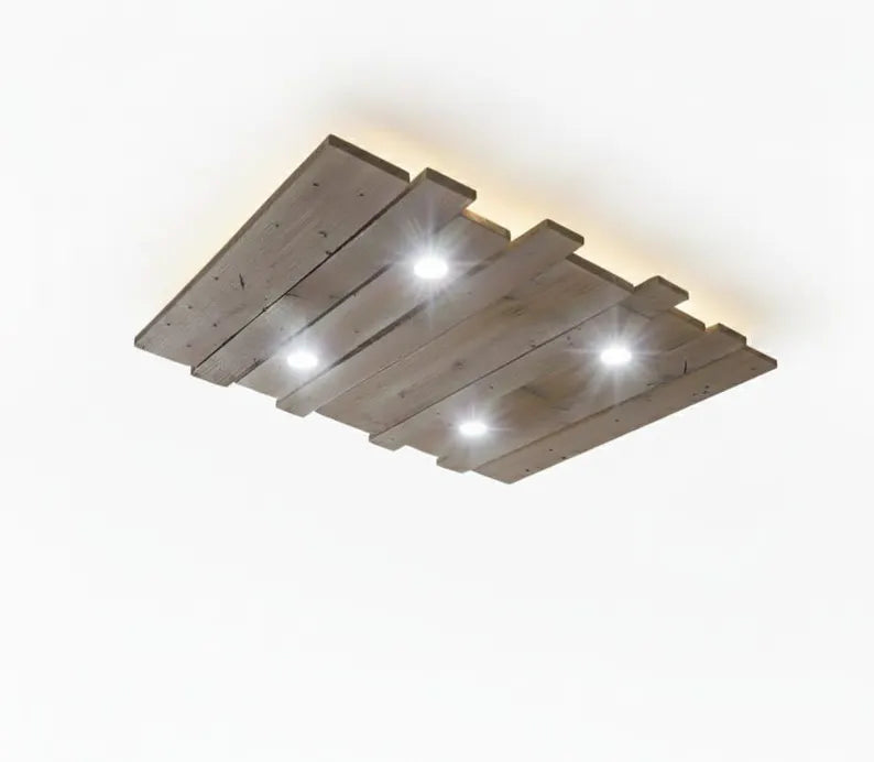 Rustic Wood Ceiling Lamp | Geometric 4 Spot Light Fixture | Adjustable Chain Hanging Natural Loft Lighting