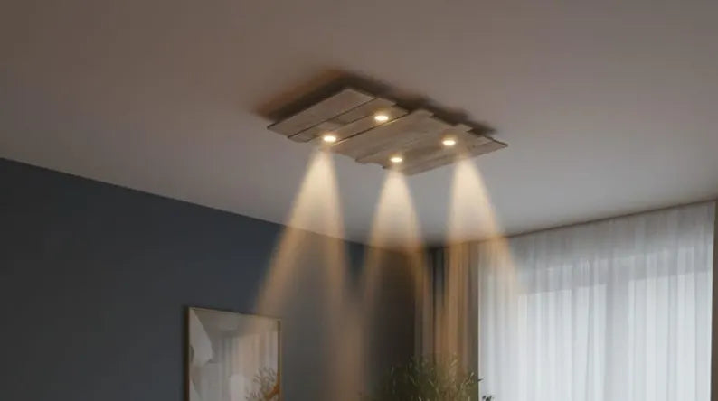 Rustic Wood Ceiling Lamp | Geometric 4 Spot Light Fixture | Adjustable Chain Hanging Natural Loft Lighting
