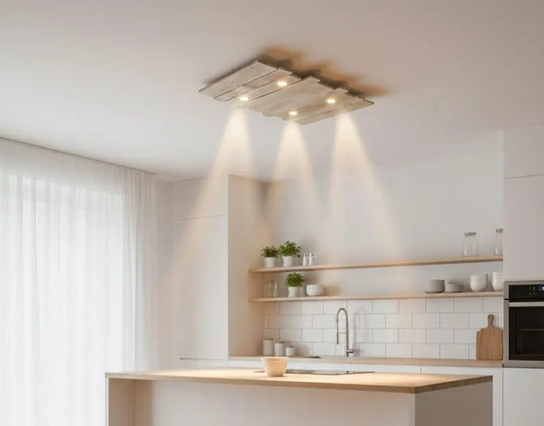 Rustic Wood Ceiling Lamp | Geometric 4 Spot Light Fixture | Adjustable Chain Hanging Natural Loft Lighting