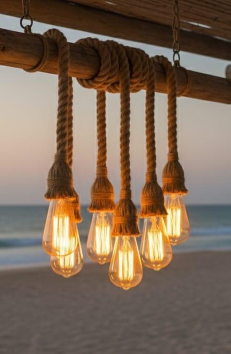 The homeartparis Rustic Wood Chandelier, Industrial Beam Light, 6-Rope Arm Fixture, Farmhouse Kitchen & Bar Lighting