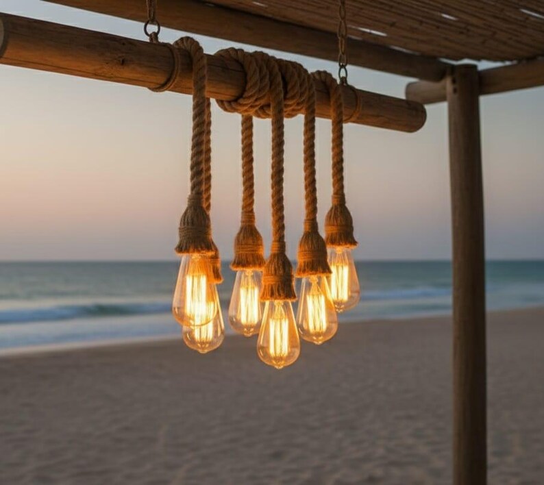 The homeartparis Rustic Wood Chandelier, Industrial Beam Light, 6-Rope Arm Fixture, Farmhouse Kitchen & Bar Lighting