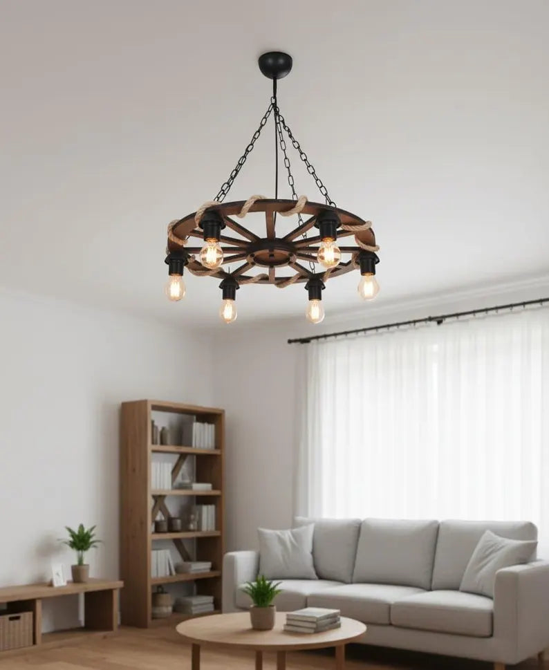 The homeartparis Rustic Wooden Wheel Chandelier | 6-Light Farmhouse Wagon Wheel Pendant | Adjustable Chain Loft Ceiling Fixture E27 (Kopya)