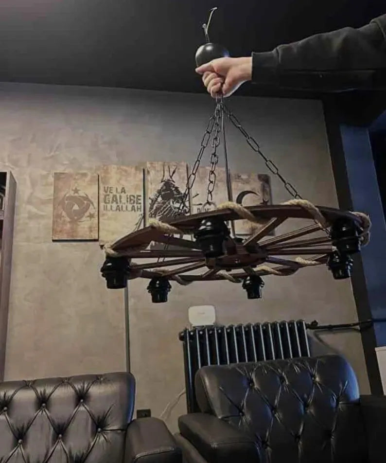 The homeartparis Rustic Wooden Wheel Chandelier | 6-Light Farmhouse Wagon Wheel Pendant | Adjustable Chain Loft Ceiling Fixture E27 (Kopya)