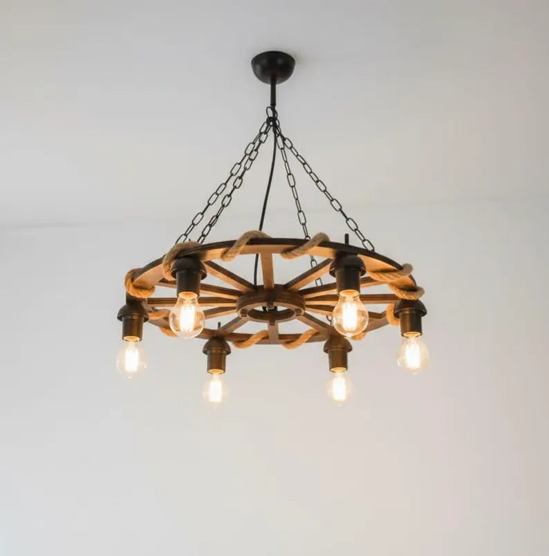 The homeartparis Rustic Wooden Wheel Chandelier | 6-Light Farmhouse Wagon Wheel Pendant | Adjustable Chain Loft Ceiling Fixture E27 (Kopya)