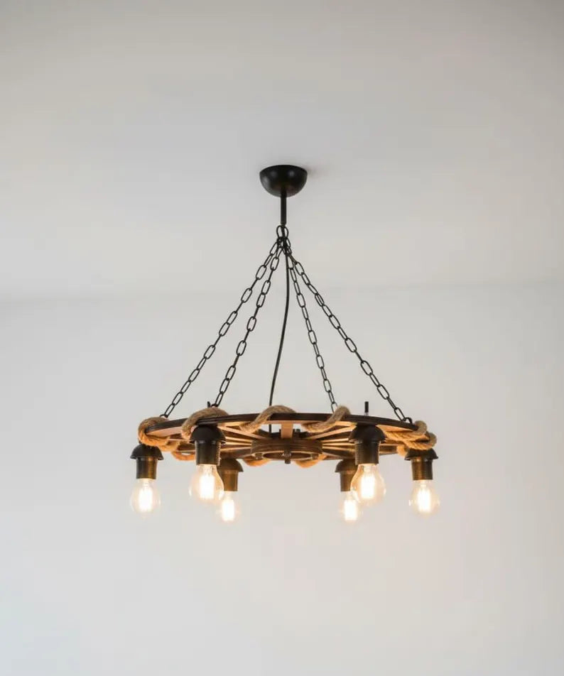The homeartparis Rustic Wooden Wheel Chandelier | 6-Light Farmhouse Wagon Wheel Pendant | Adjustable Chain Loft Ceiling Fixture E27 (Kopya)