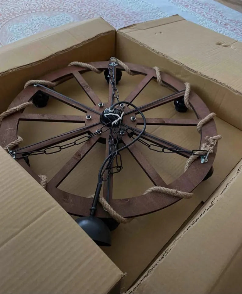 The homeartparis Rustic Wooden Wheel Chandelier | 6-Light Farmhouse Wagon Wheel Pendant | Adjustable Chain Loft Ceiling Fixture E27 (Kopya)