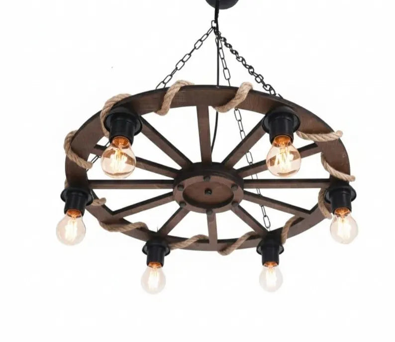 The homeartparis Rustic Wooden Wheel Chandelier | 6-Light Farmhouse Wagon Wheel Pendant | Adjustable Chain Loft Ceiling Fixture E27 (Kopya)