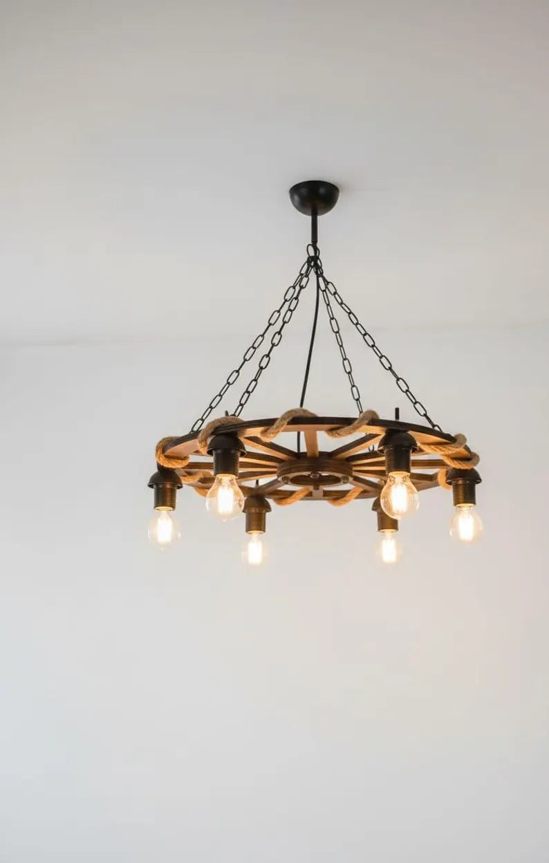 The homeartparis Rustic Wooden Wheel Chandelier | 6-Light Farmhouse Wagon Wheel Pendant | Adjustable Chain Loft Ceiling Fixture E27 (Kopya)