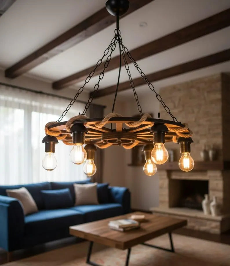 The homeartparis Rustic Wooden Wheel Chandelier | 6-Light Farmhouse Wagon Wheel Pendant | Adjustable Chain Loft Ceiling Fixture E27 (Kopya)
