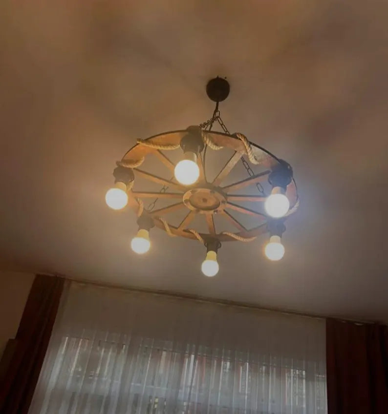 The homeartparis Rustic Wooden Wheel Chandelier | 6-Light Farmhouse Wagon Wheel Pendant | Adjustable Chain Loft Ceiling Fixture E27 (Kopya)