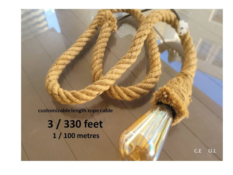 Home Art Paris - Single Rope Pendant Light, Custom Length Cord, Rustic DIY Lighting Kit, Jute Rope Lamp, Industrial Edison Bulb Fixture