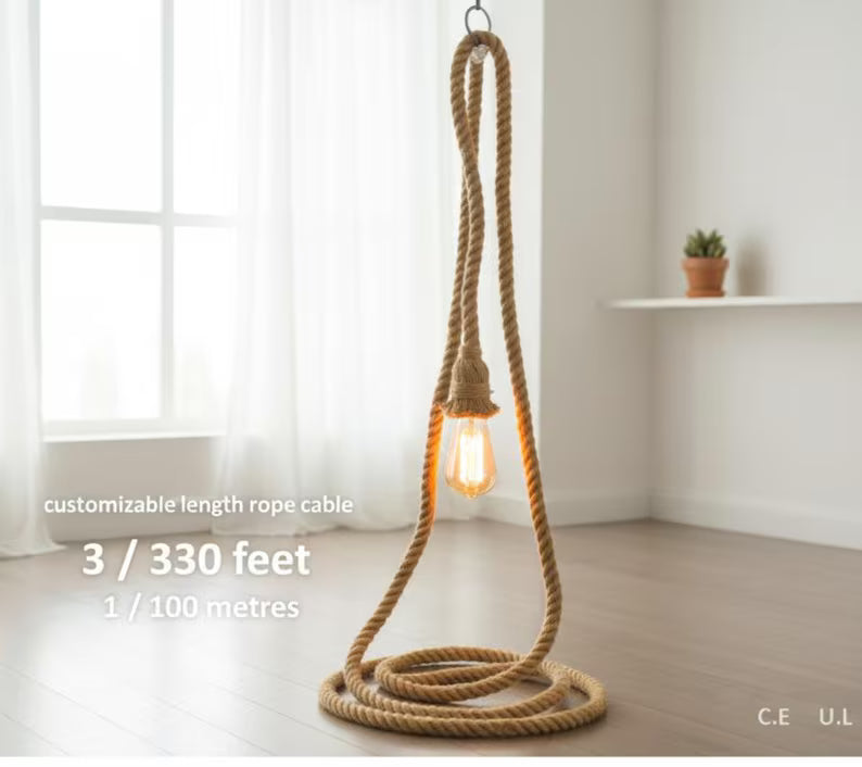 Home Art Paris - Single Rope Pendant Light, Custom Length Cord, Rustic DIY Lighting Kit, Jute Rope Lamp, Industrial Edison Bulb Fixture