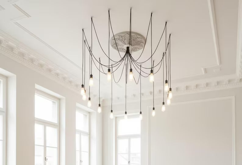 10 Arm Spider Chandelier, UL & CE Certified Black Cable Light, 150cm Adjustable Arms, Modern Industrial Pendant Light, Minimalist Ceiling