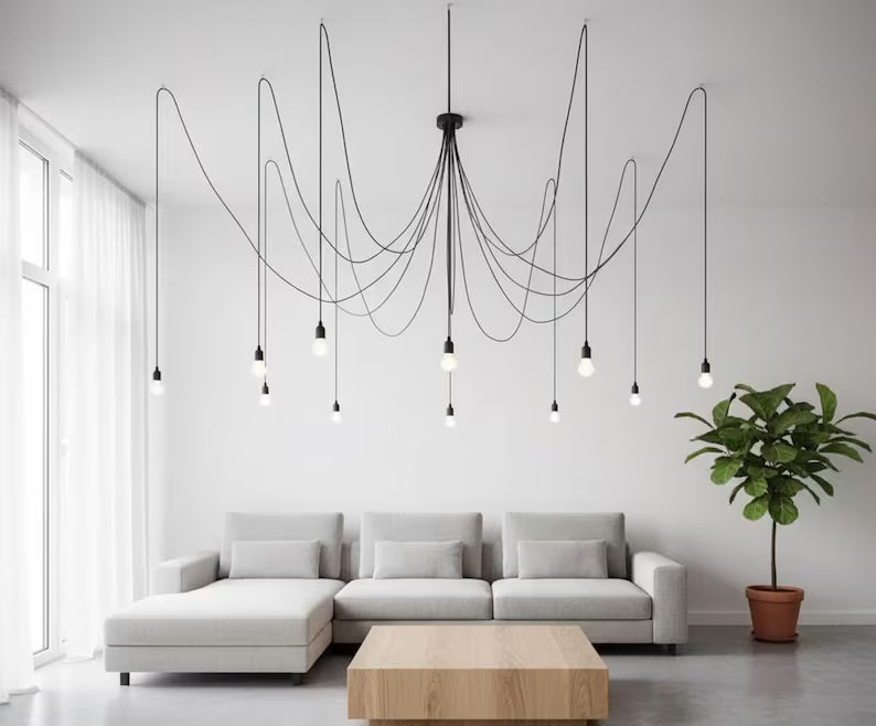 10 Arm Spider Chandelier, UL & CE Certified Black Cable Light, 150cm Adjustable Arms, Modern Industrial Pendant Light, Minimalist Ceiling