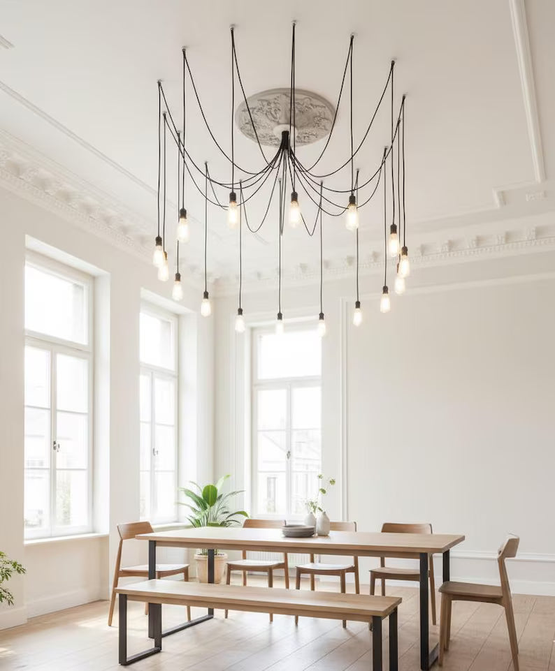 10 Arm Spider Chandelier, UL & CE Certified Black Cable Light, 150cm Adjustable Arms, Modern Industrial Pendant Light, Minimalist Ceiling