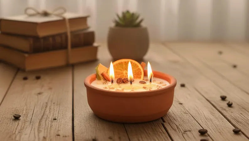 homeartparis Terracotta Bowl Candle, 5 Wick Cinnamon & Fruit Candle, Rustic Table Centerpiece, Kitchen Decor, Housewarming Gift