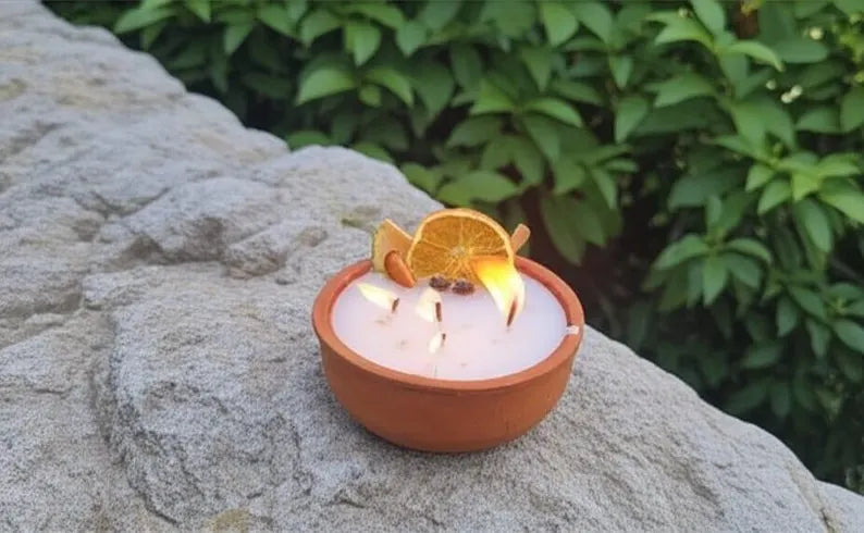 homeartparis Terracotta Bowl Candle, 5 Wick Cinnamon & Fruit Candle, Rustic Table Centerpiece, Kitchen Decor, Housewarming Gift