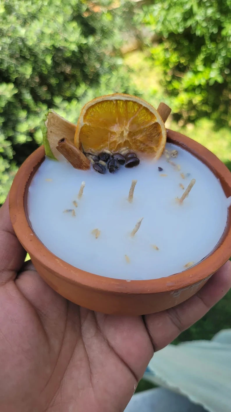 homeartparis Terracotta Bowl Candle, 5 Wick Cinnamon & Fruit Candle, Rustic Table Centerpiece, Kitchen Decor, Housewarming Gift