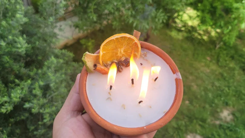 homeartparis Terracotta Bowl Candle, 5 Wick Cinnamon & Fruit Candle, Rustic Table Centerpiece, Kitchen Decor, Housewarming Gift