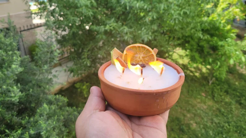 homeartparis Terracotta Bowl Candle, 5 Wick Cinnamon & Fruit Candle, Rustic Table Centerpiece, Kitchen Decor, Housewarming Gift