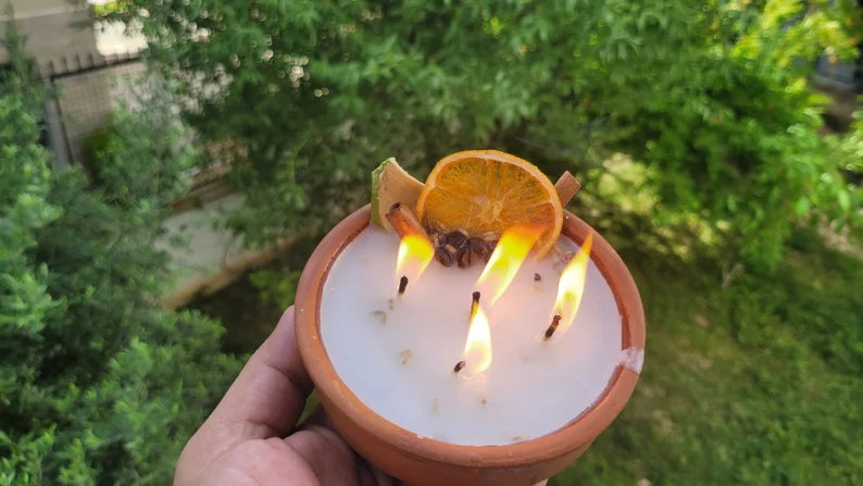 homeartparis Terracotta Bowl Candle, 5 Wick Cinnamon & Fruit Candle, Rustic Table Centerpiece, Kitchen Decor, Housewarming Gift