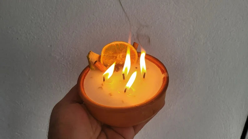 homeartparis Terracotta Bowl Candle, 5 Wick Cinnamon & Fruit Candle, Rustic Table Centerpiece, Kitchen Decor, Housewarming Gift