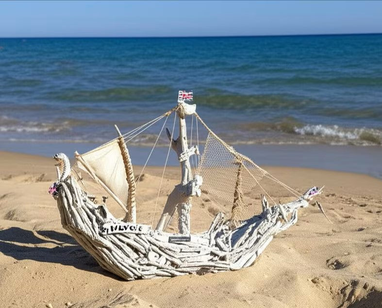 The Vintage Large Wood Pirate Ship Heaven's Ship Driftwood Collection White Model Boat Homeartparis production