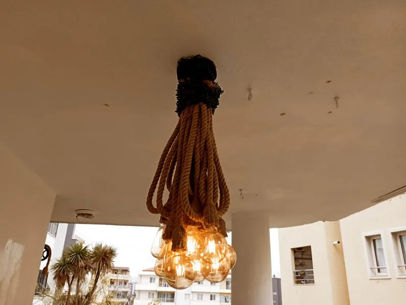 Waterfall Rope Chandelier, Rustic Cluster Light, Stairwell & High Ceiling Lighting, 8-Arm Jute Pendant