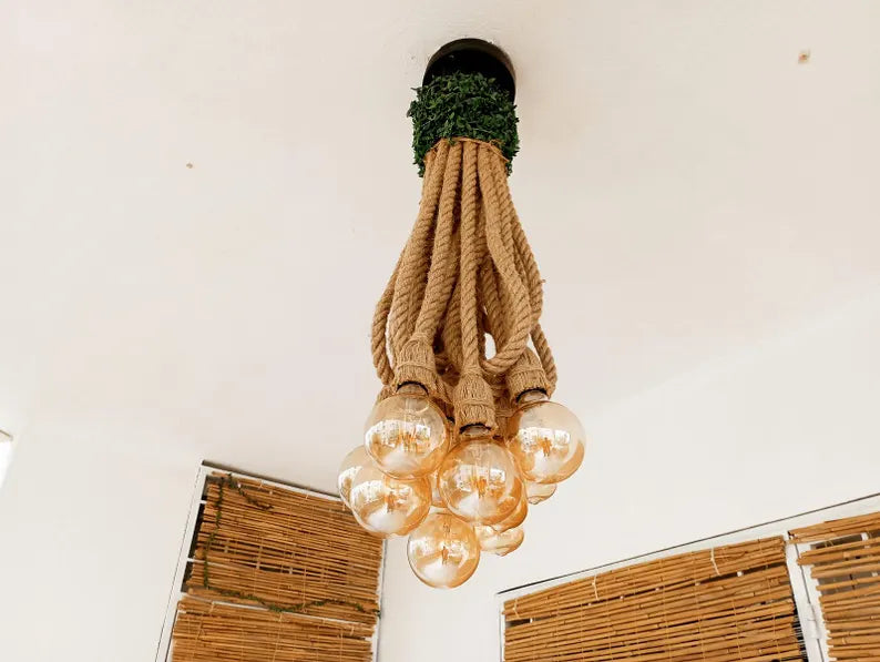 Waterfall Rope Chandelier, Rustic Cluster Light, Stairwell & High Ceiling Lighting, 8-Arm Jute Pendant
