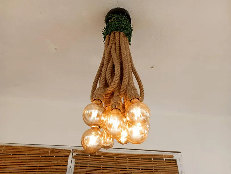 Waterfall Rope Chandelier, Rustic Cluster Light, Stairwell & High Ceiling Lighting, 8-Arm Jute Pendant