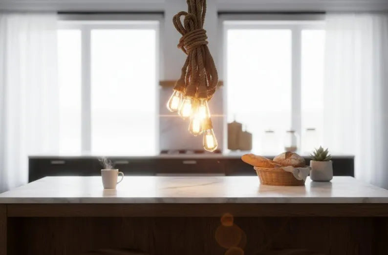 Waterfall Rope Chandelier, Rustic Cluster Light, Stairwell & High Ceiling Lighting, 8-Arm Jute Pendant