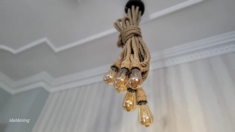 Waterfall Rope Chandelier, Rustic Cluster Light, Stairwell & High Ceiling Lighting, 8-Arm Jute Pendant