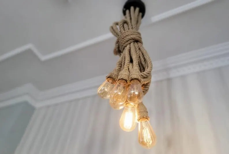 Waterfall Rope Chandelier, Rustic Cluster Light, Stairwell & High Ceiling Lighting, 8-Arm Jute Pendant