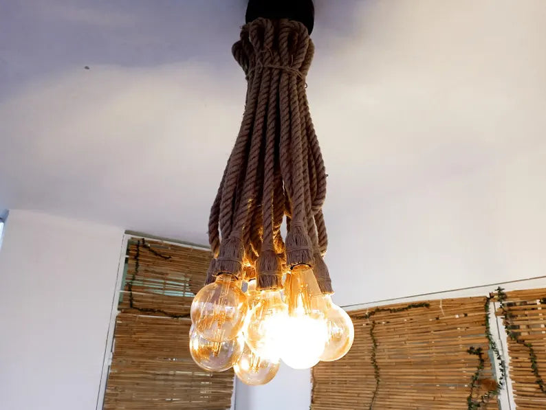 Waterfall Rope Chandelier, Rustic Cluster Light, Stairwell & High Ceiling Lighting, 8-Arm Jute Pendant
