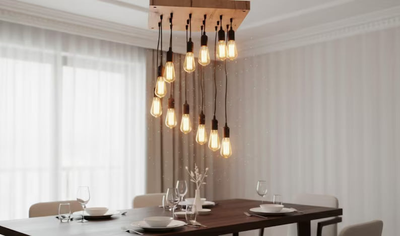 Waterfall Wood Chandelier, Stairwell Lighting Fixture, 12-Light Rustic Lamp, High Ceiling & Kitchen Island Pendant chandelier