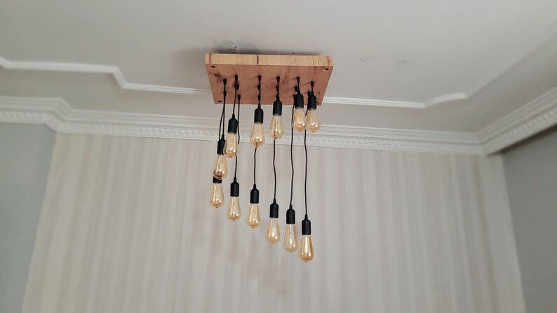 Waterfall Wood Chandelier, Stairwell Lighting Fixture, 12-Light Rustic Lamp, High Ceiling & Kitchen Island Pendant chandelier