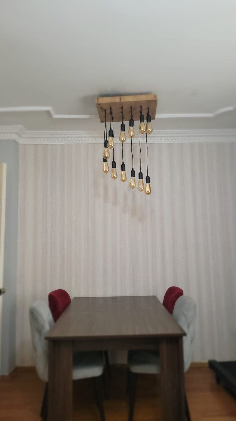 Waterfall Wood Chandelier, Stairwell Lighting Fixture, 12-Light Rustic Lamp, High Ceiling & Kitchen Island Pendant chandelier