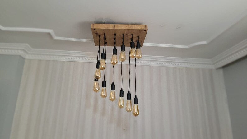 Waterfall Wood Chandelier, Stairwell Lighting Fixture, 12-Light Rustic Lamp, High Ceiling & Kitchen Island Pendant chandelier