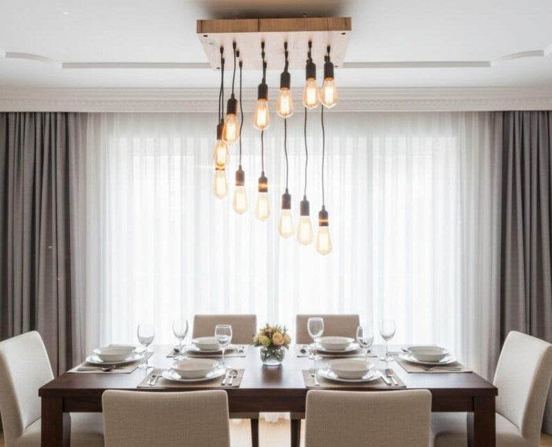 Waterfall Wood Chandelier, Stairwell Lighting Fixture, 12-Light Rustic Lamp, High Ceiling & Kitchen Island Pendant chandelier