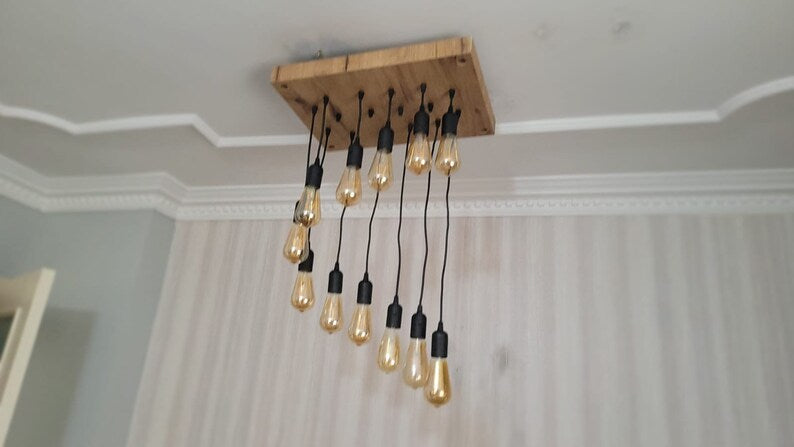 Waterfall Wood Chandelier, Stairwell Lighting Fixture, 12-Light Rustic Lamp, High Ceiling & Kitchen Island Pendant chandelier