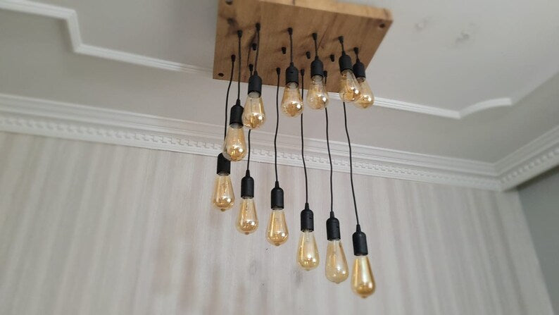 Waterfall Wood Chandelier, Stairwell Lighting Fixture, 12-Light Rustic Lamp, High Ceiling & Kitchen Island Pendant chandelier