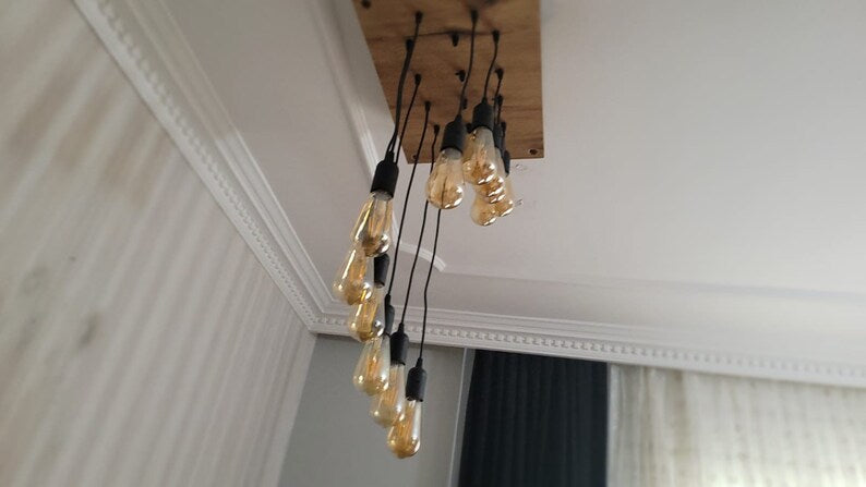 Waterfall Wood Chandelier, Stairwell Lighting Fixture, 12-Light Rustic Lamp, High Ceiling & Kitchen Island Pendant chandelier