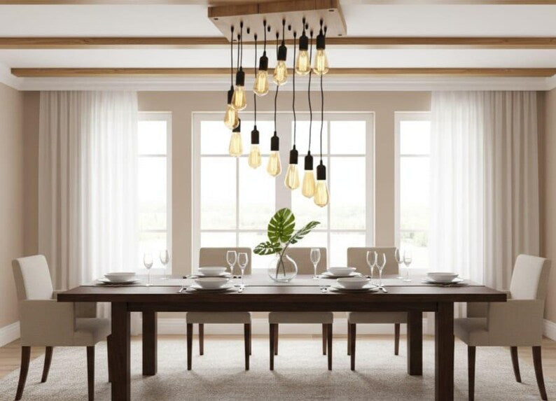 Waterfall Wood Chandelier, Stairwell Lighting Fixture, 12-Light Rustic Lamp, High Ceiling & Kitchen Island Pendant chandelier