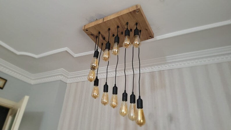 Waterfall Wood Chandelier, Stairwell Lighting Fixture, 12-Light Rustic Lamp, High Ceiling & Kitchen Island Pendant chandelier