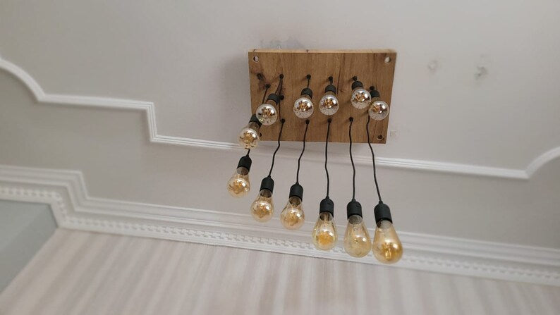 Waterfall Wood Chandelier, Stairwell Lighting Fixture, 12-Light Rustic Lamp, High Ceiling & Kitchen Island Pendant chandelier