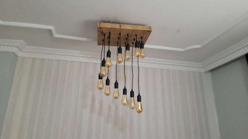 Waterfall Wood Chandelier, Stairwell Lighting Fixture, 12-Light Rustic Lamp, High Ceiling & Kitchen Island Pendant chandelier