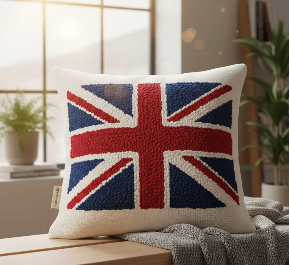 Homeartparis Punch Needle UK Flag Pillow - Handmade Union Jack Tufted Cushion by Seval Özsoy - Patriotic British Decor - Available as Cover Only or with Filling