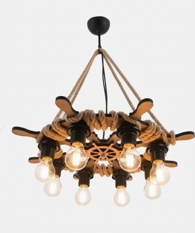 8-Light Ship Wheel Chandelier | Rustic Rope & Wood Ceiling Lamp | Nautical E27 Pendant Light for Cafe Bar Decor