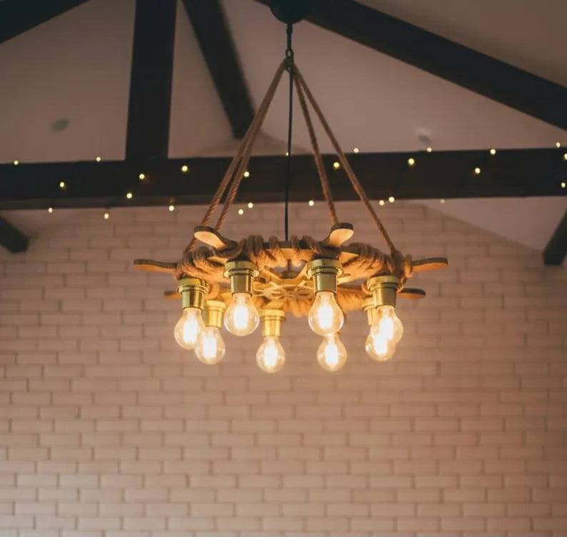 8-Light Ship Wheel Chandelier | Rustic Rope & Wood Ceiling Lamp | Nautical E27 Pendant Light for Cafe Bar Decor