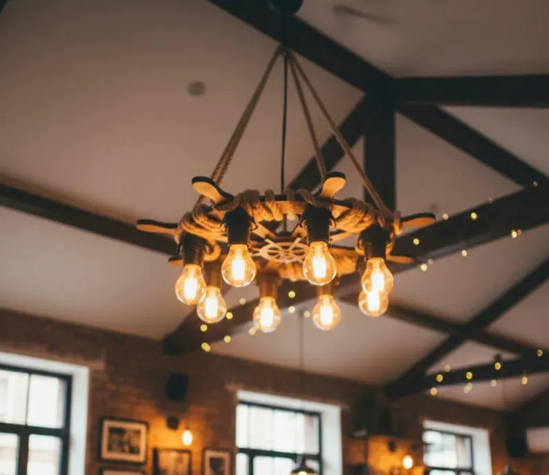 8-Light Ship Wheel Chandelier | Rustic Rope & Wood Ceiling Lamp | Nautical E27 Pendant Light for Cafe Bar Decor